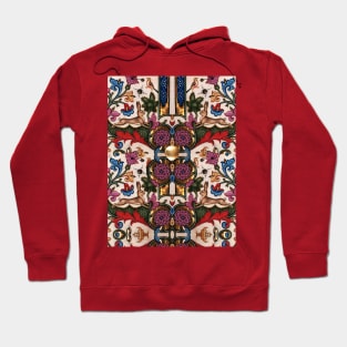 RABBITS RUNNING AMONG PINK PURPLE GOLD FLOWERS Medieval  Floral Pattern Hoodie